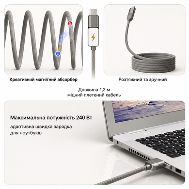 Кабель 4 в 1 плетений магнітний 240W для швидкої зарядки iPhone USB-A/Type-C/Lightning