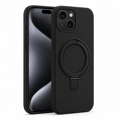 Силіконовий чохол з мікрофіброю і кільцем підставкою для iPhone 15 Plus Black