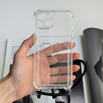 Чехол силиконовый ударопрочный с карманом и шнурком через плечо для iPhone 13 Прозорий