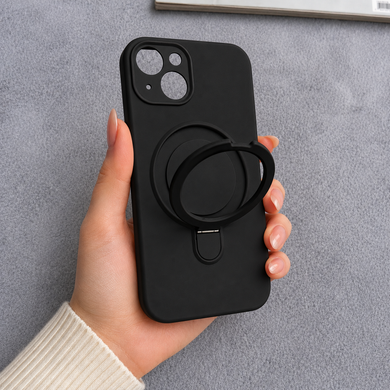 Силиконовый чехол с микрофиброй и кольцом подставкой для iPhone 14 Plus Black